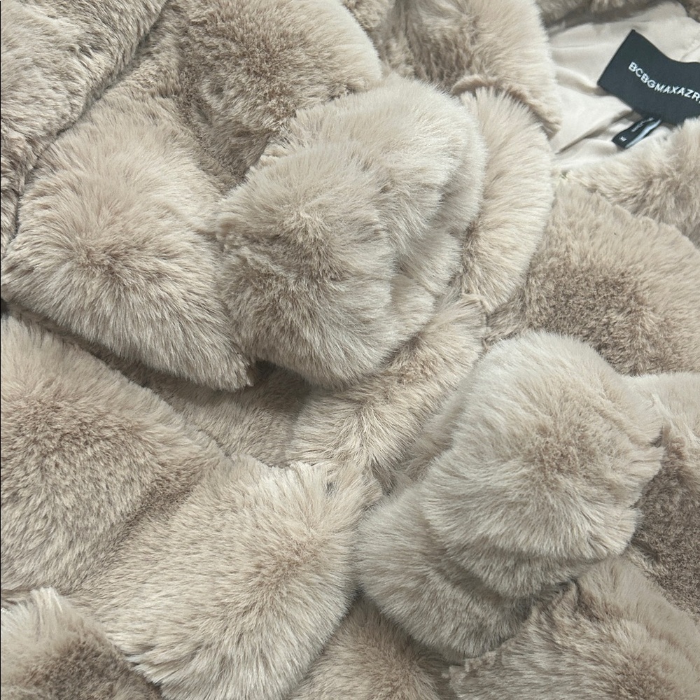BCBGMaxAzria Plush Hooded Puffer Jacket in Beige - Picture 2 of 8